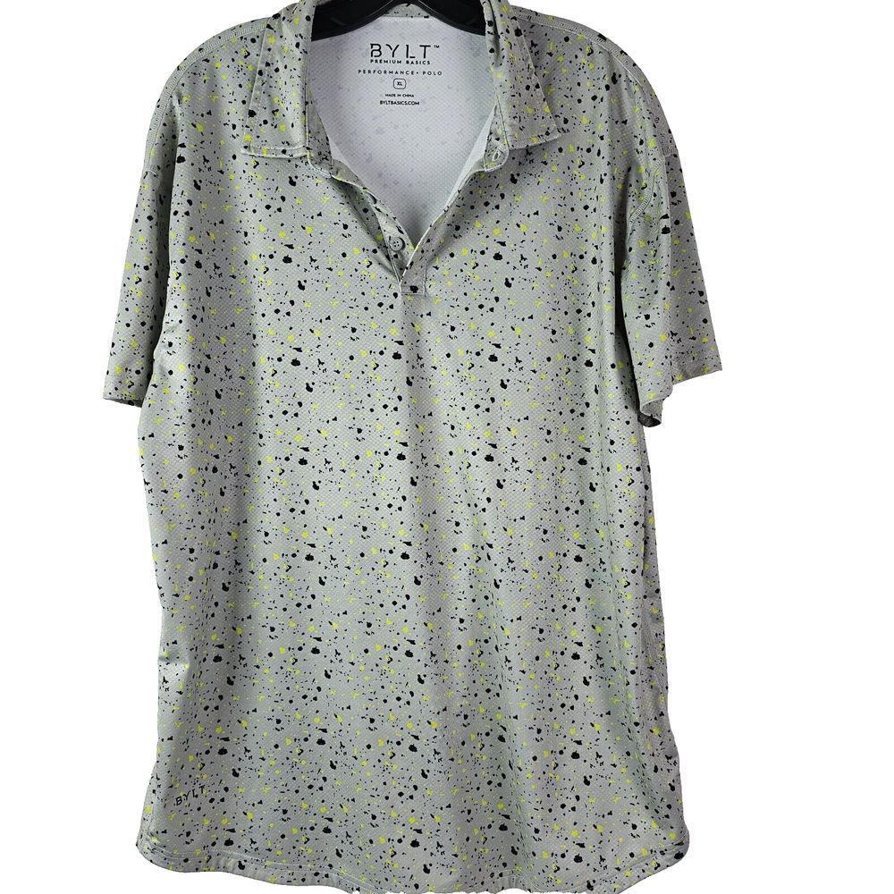 BYLT Polo Shirt Mens XL Gray Black Yellow Speckle Performance Golf Active Casual